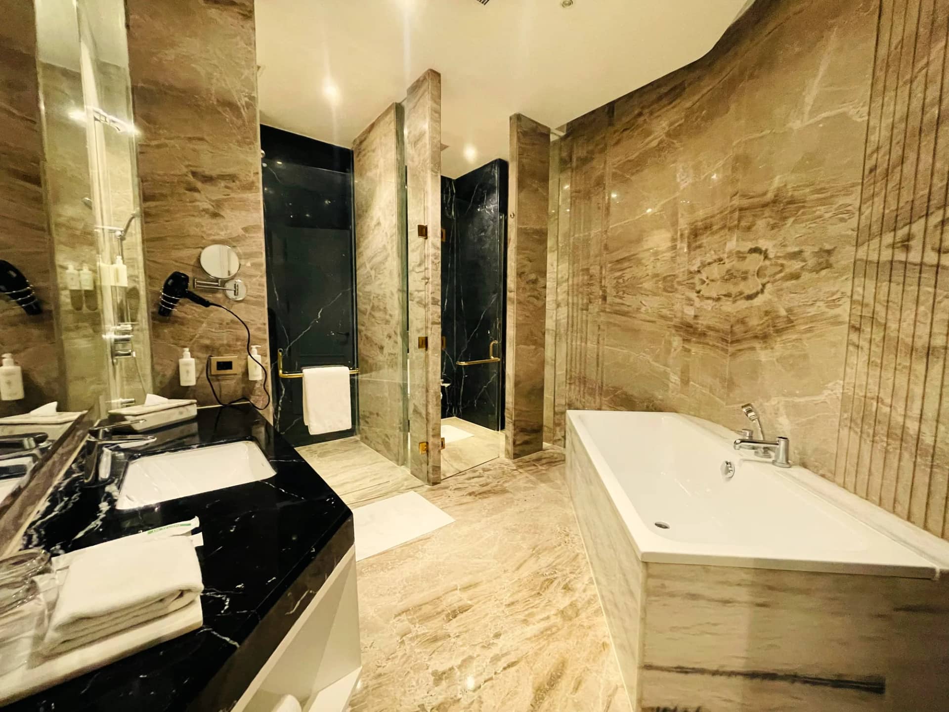Marble bathroom with a bathtub and walk-in shower
